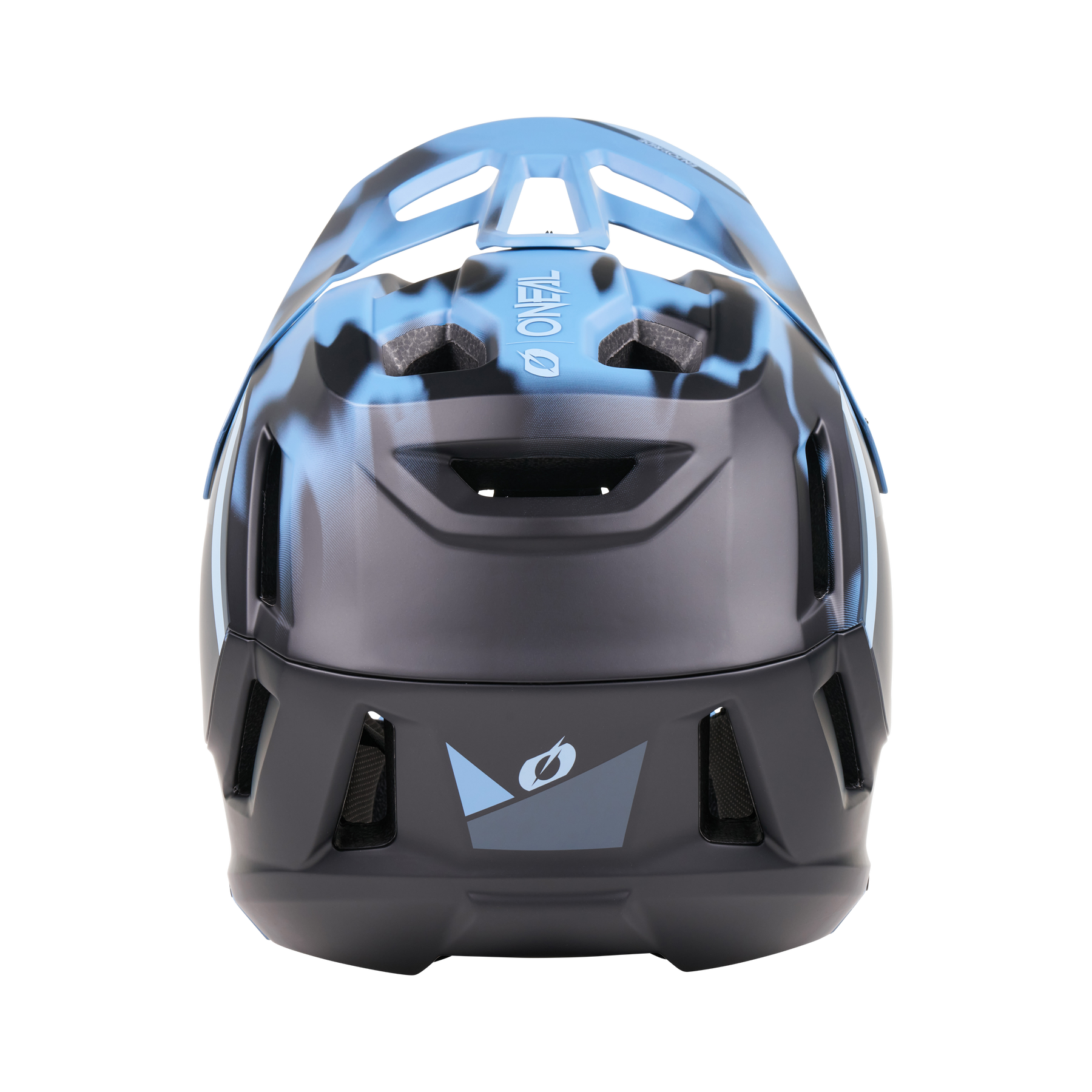 Der O'NEAL SL1 Helm GLACIOR in blau und schwarz, abgebildet von hinten mit Lüftungsöffnungen und dem O'NEAL-Logo auf der Oberseite - die perfekte Ausrüstung für optimalen Schutz beim Radfahren.