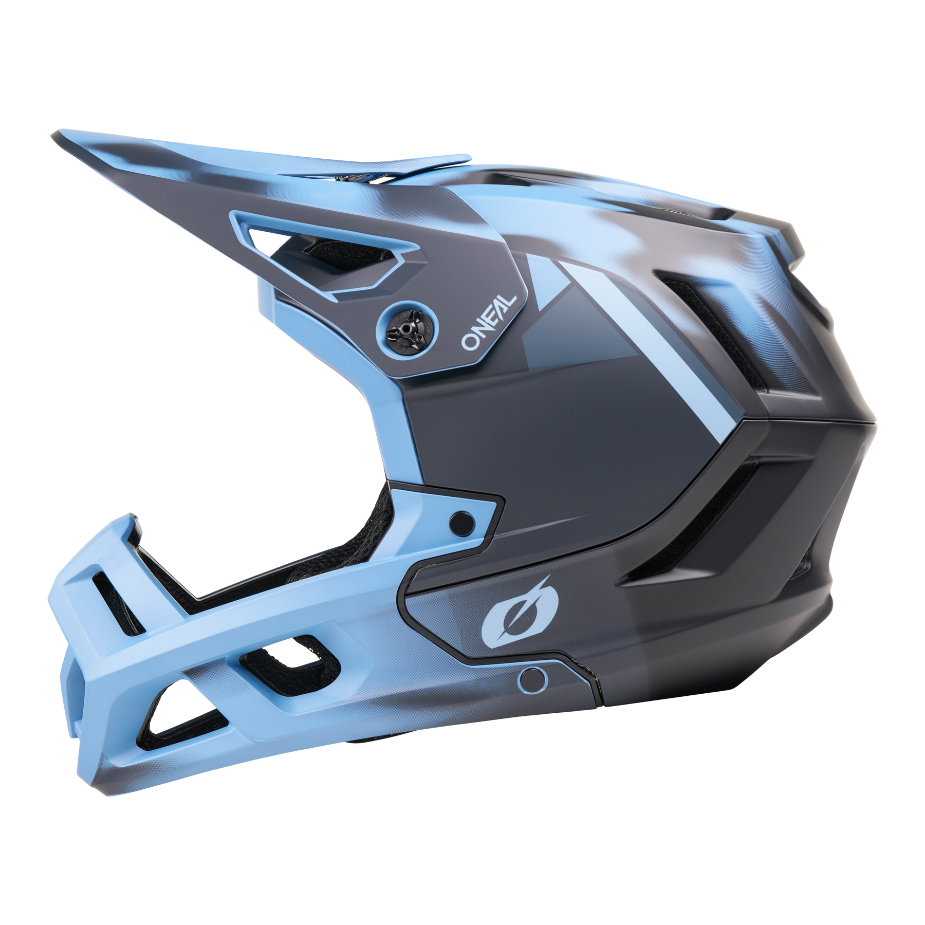 Der O'NEAL SL1 Helm GLACIOR ist ein mattblauer und schwarzer Mountainbike-Vollvisierhelm mit Kinnschutz und seitlichem O'NEAL"-Schriftzug, der im Seitenprofil auf weißem Hintergrund abgebildet ist.