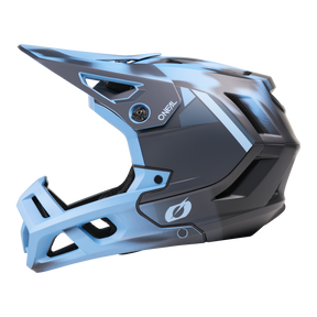 Il casco O'NEAL SL1 GLACIOR è un casco integrale da mountain bike blu e nero opaco con mentoniera e scritta "O'NEAL" sul profilo laterale su sfondo bianco.