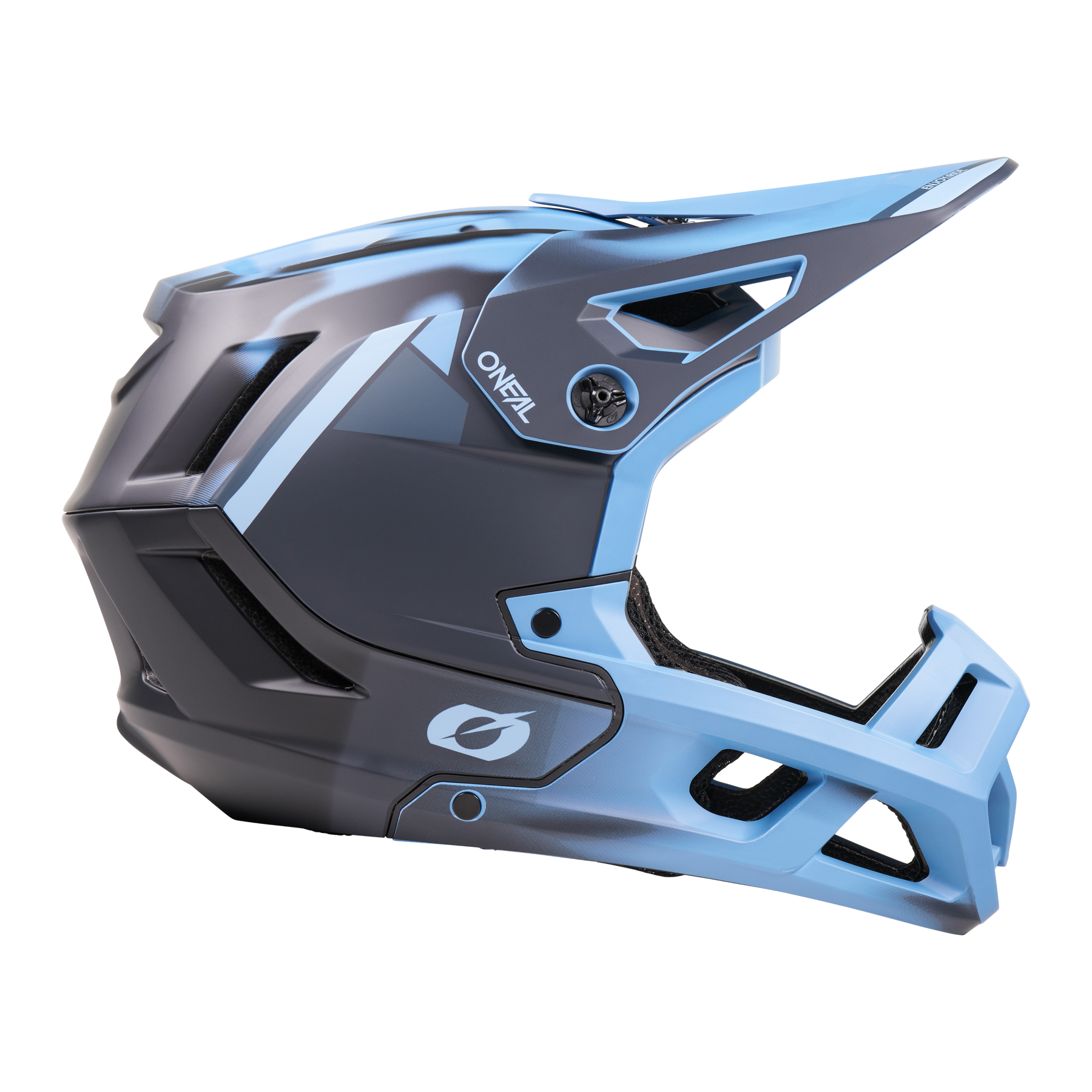 Der O'NEAL SL1 Helm GLACIOR ist ein schwarz-hellblauer Fullface-Mountainbike-Helm mit Visier, Belüftungsschlitzen und dem O'NEAL-Logo an der Seite - ideal für optimalen Schutz. Abgebildet auf weißem Hintergrund.