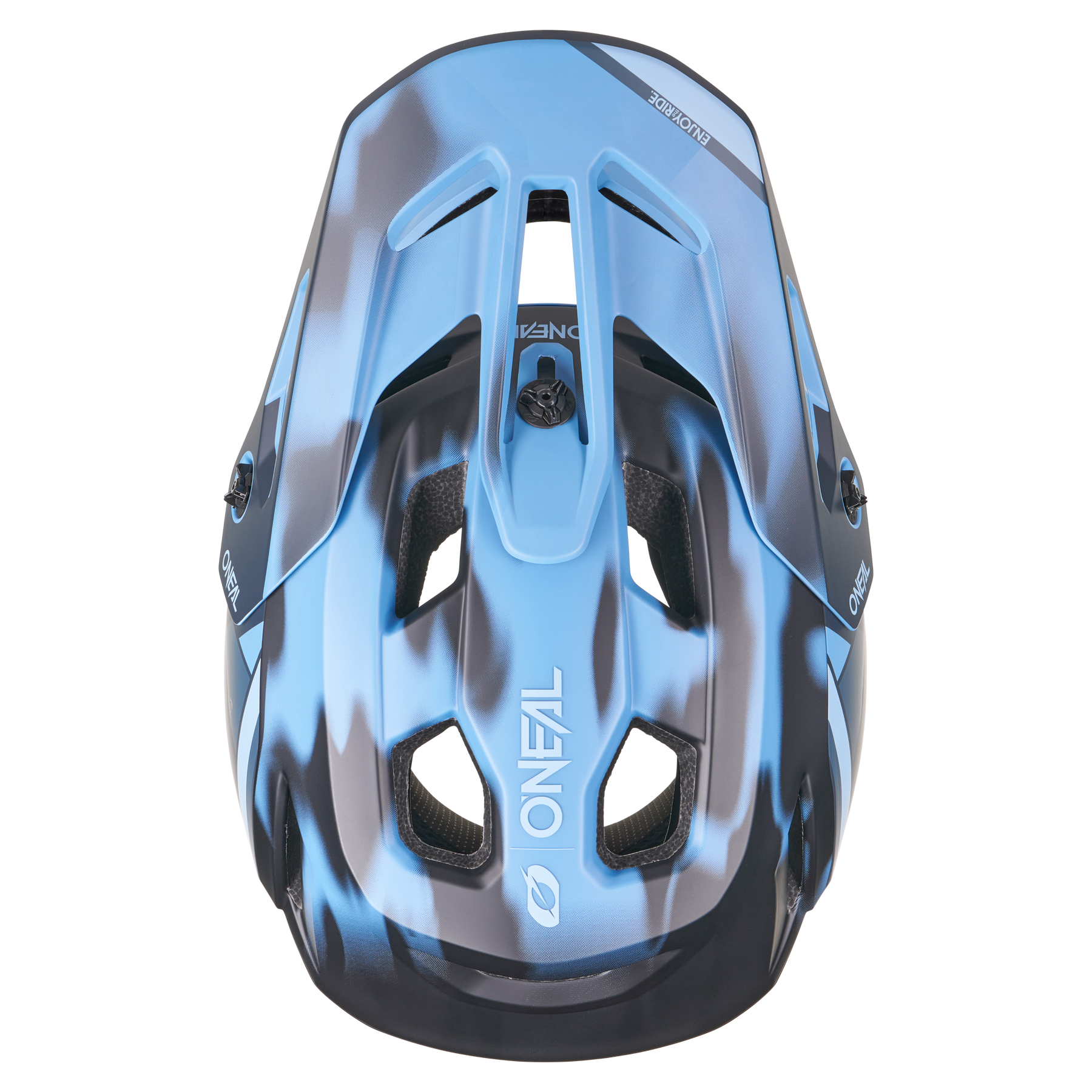 Draufsicht auf den O'NEAL SL1 Helm GLACIOR in Blau und Schwarz, der mit mehreren Belüftungsschlitzen für optimalen Schutz und einem schlanken, kantigen Design ausgestattet ist - perfekt für Ihre Fahrradausrüstung.
