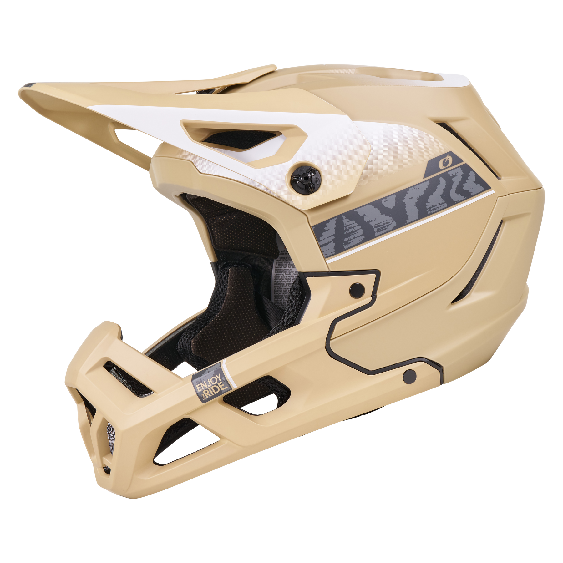 Der O'NEAL SL1 Helm TERRA ist ein beiger Fullface-Mountainbike-Helm mit schwarz getöntem Visier, schwarzer Polsterung, einer zebragestreiften Seite, eckigen Belüftungsöffnungen und einem stabilen Kinnschutz für optimalen Schutz.
