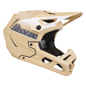 Il casco O'NEAL SL1 TERRA è un casco integrale da mountain bike beige con imbottitura nera, aperture di ventilazione angolari e un'ampia visiera. Una discreta striscia nera a fantasia accentua la parte laterale. Mostrato in vista laterale su sfondo bianco.