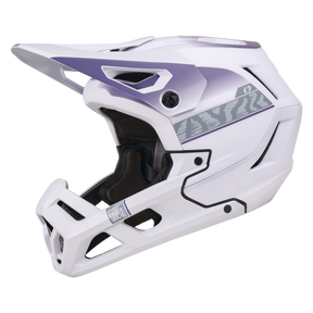 Il casco O'NEAL SL1 TERRA è un casco integrale da mountain bike bianco con visiera viola, motivi geometrici laterali, fori di ventilazione multipli e mentoniera per una maggiore protezione, su sfondo bianco.