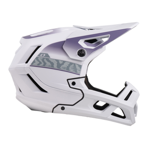 Il casco O'NEAL SL1 TERRA è un casco da bici bianco e viola chiaro con aperture di ventilazione angolari, una visiera e strisce zebrate grigie sul lato - una protezione ottimale e un equipaggiamento elegante da O'NEAL.