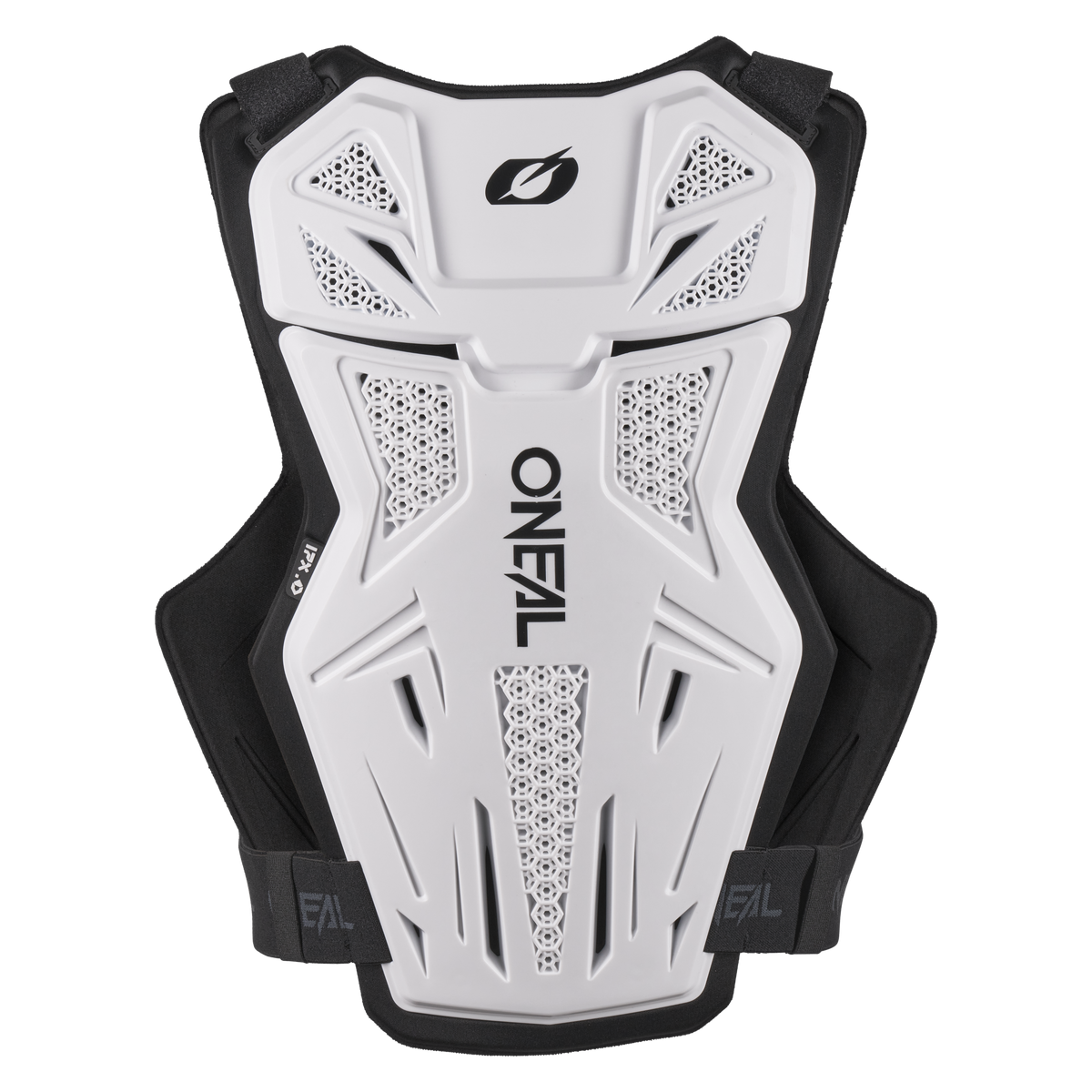Der O'NEAL SPLIT LITE Brustschutz ist ein weiß-schwarzes MTB-Zubehör mit geometrischem Lüftungsmuster, vertikalem "O'NEAL"-Aufdruck, verstellbaren schwarzen Trägern und Polsterung für mehr Komfort.