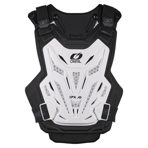La protezione toracica O'NEAL SPLIT LITE è un accessorio da motocross e MTB ventilato, di colore nero e bianco, con cinghie regolabili, design robusto e il logo O'NEAL e l'etichetta 