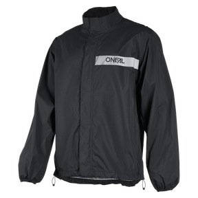 La veste de pluie O'NEAL TORRENT de O'NEAL Europe est une veste noire avec des manches longues, un col haut, une taille et des poignets élastiques et une bande réfléchissante avec le logo O'Neal sur la poitrine.