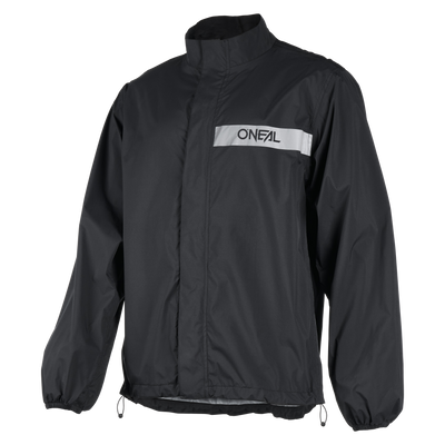 La veste de pluie O'NEAL TORRENT de O'NEAL Europe est une veste noire avec des manches longues, un col haut, une taille et des poignets élastiques et une bande réfléchissante avec le logo O'Neal sur la poitrine.