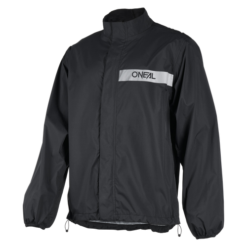 Die O'NEAL TORRENT Regenjacke von O'NEAL Europe ist eine schwarze Jacke mit langen Ärmeln, hohem Kragen, elastischem Bund und Manschetten sowie einem reflektierenden Streifen mit dem O'Neal-Logo auf der Brust.