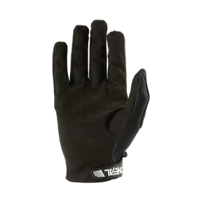 Der O'NEAL VAULT Handschuh RACEWEAR ist ein schwarzer MTB-Handschuh mit dezenter Textur und weißem "O'NEAL"-Logo am Handgelenk, der flexiblen Komfort und starken Grip bietet. Abgebildet mit der Handfläche nach innen und gestreckten Fingern.