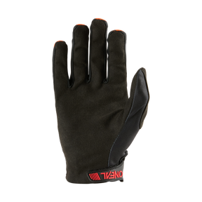 Der O'NEAL VAULT Handschuh RACEWEAR ist ein schwarzer MTB-Handschuh mit rotem O'NEAL-Logo am Handgelenk, orangefarbenen Fingerakzenten, glatter Textur und bietet Flexibilität und starken Grip, dargestellt mit der Handfläche nach unten.