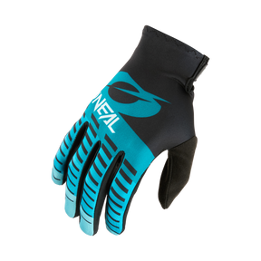 Der O'NEAL VAULT Handschuh RACEWEAR ist ein schwarzer und blaugrüner Rad- oder Motocross-Handschuh mit blauem Logo und Fingerstreifen, der Flexibilität und starken Grip bietet, abgebildet auf einem weißen Hintergrund.