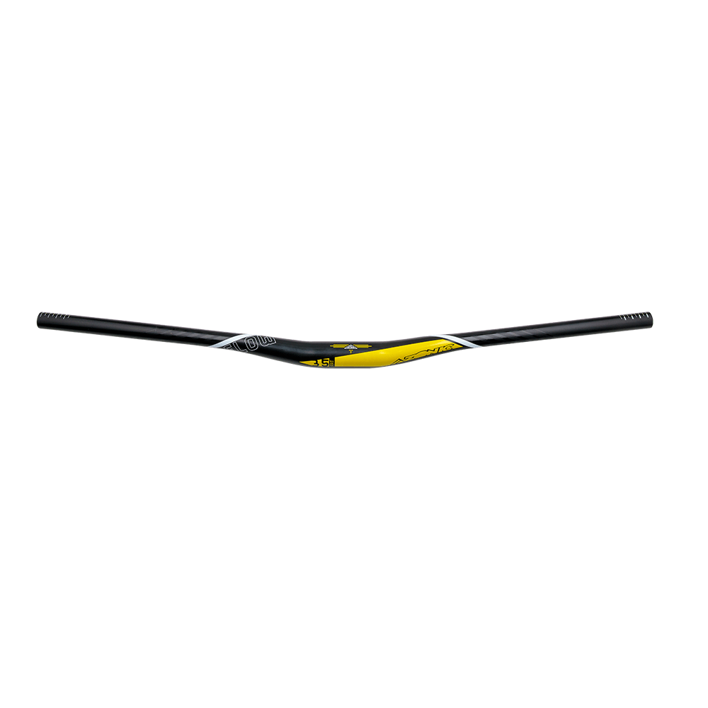 Der AZONIC FLOW FAT35 Lenker 785mm ist ein schwarzer Lenker mit gelben und weißen Akzenten und dezentem AZONIC-Branding auf einem schlichten weißen Hintergrund.