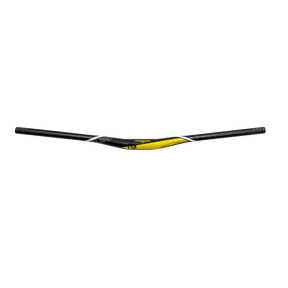 Il manubrio AZONIC Flow FAT35 da 785 mm è un manubrio nero con accenti gialli e bianchi e un sottile marchio AZONIC su sfondo bianco.