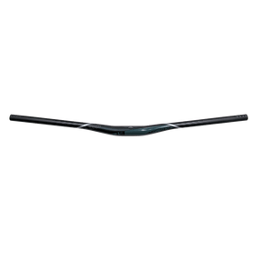 Il manubrio AZONIC Flow FAT35 da 785 mm è un manubrio da mountain bike nero con un leggero rialzo e una sottile grafica grigia su sfondo bianco.