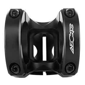 Uno stelo AZONIC THE ROCK FAT35 nero con quattro fori per i bulloni, design angolare e logo AZONIC sul lato destro, mostrato dall'alto su uno sfondo trasparente.