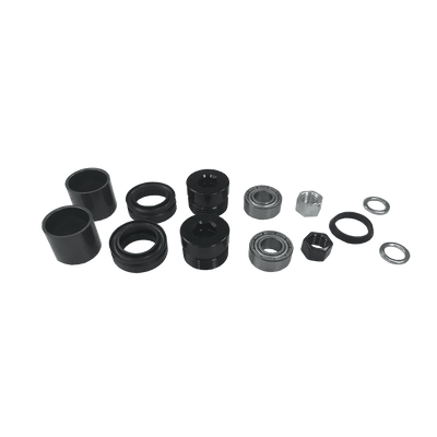 L'AZONIC Central Axle Instruction Combo Set Americana Pedal contiene varie piccole parti meccaniche come parti cilindriche e filettate nere, cuscinetti, dadi, rondelle e anelli di gomma, che sono disposte per il montaggio.