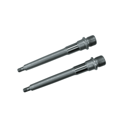 Two AZONIC Spindle Pucker Up pedal axles are placed parallel to each other on a plain, transparent background.