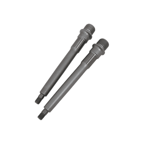 Two AZONIC Spindle Pucker Up pedal parts with threads and smooth cylindrical bodies are arranged in parallel on a plain green background.
