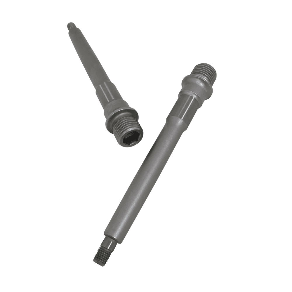 Zwei AZONIC Spindel Pucker Up Pedal Achsen, eine flache und eine aufrechte, sind diagonal auf einem einfarbig grünen Hintergrund angeordnet.