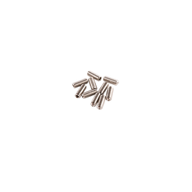 Ein kleiner Stapel AZONIC Stahl-A-Pins, silberne Metallschrauben mit flachem Kopf, wahllos verstreut auf einem weißen Hintergrund.