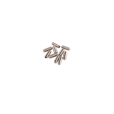 Ein kleiner Stapel AZONIC Stahl-A-Pins, silberne Metallschrauben mit flachem Kopf, wahllos verstreut auf einem weißen Hintergrund.