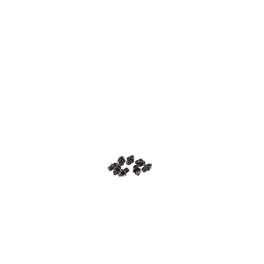 Eine Ansammlung von AZONIC Stahl-C-Pins schwarz, klein und klar, dicht aneinandergereiht vor schwarzem Hintergrund.
