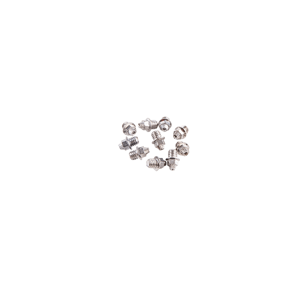 Ein kleiner Stapel AZONIC Stahl-C-Pins Silbermetallschrauben von AZONIC auf weißem Hintergrund.