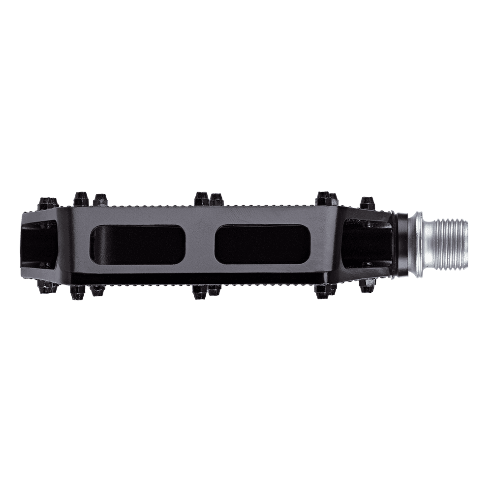 Seitenansicht des AZONIC PUCKER UP Pedals von AZONIC, ein schwarzes Fahrradpedal mit Metallstiften und einer silbernen Spindel, isoliert auf weißem Hintergrund.