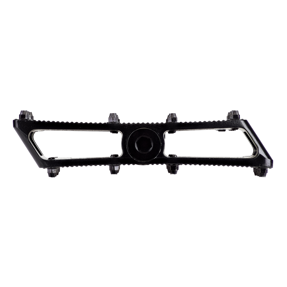 Das AZONIC PUCKER UP Pedal von AZONIC ist ein schwarzes, rechteckiges Fahrradpedal aus Metall mit einem seitlichen Profil, das eine hohle Mitte und sechs erhöhte Pins entlang der oberen Kante für besseren Halt aufweist.
