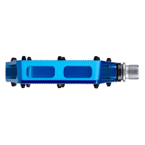 La pédale AZONIC PUCKER UP d'AZONIC est une pédale de vélo bleue, rectangulaire, vue de côté, avec des goupilles métalliques pour la maintenir en place et une broche argentée pour la fixer.