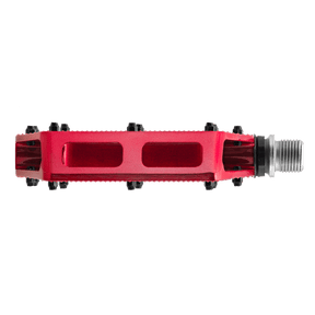 Un gros plan sur la pédale AZONIC PUCKER UP de AZONIC, avec un design rouge, rectangulaire et léger, avec une broche en métal et des pins noirs. Fond transparent.