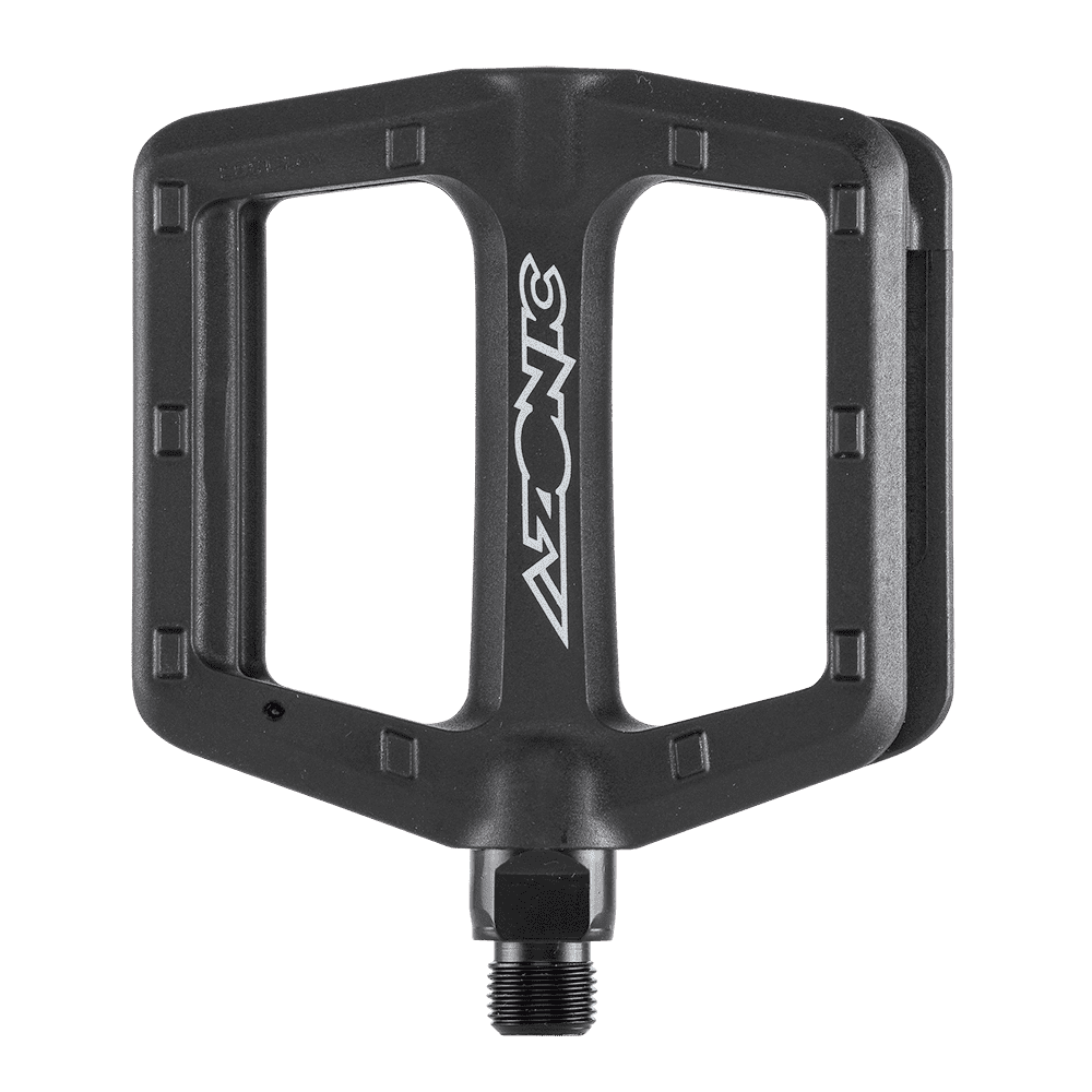 Das AZONIC SHOO-IN Pedal ist ein schwarzes Mountainbike-Flachpedal mit einem großen, offenen, rechteckigen Design und dem Markennamen AZONIC" in weißer Schrift auf der Seite.