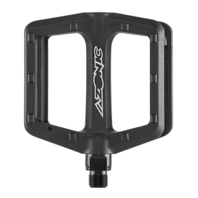 Il pedale AZONIC SHOO-IN è un pedale piatto da mountain bike di colore nero con un design ampio, aperto e rettangolare e il marchio "AZONIC" in caratteri bianchi sul lato.