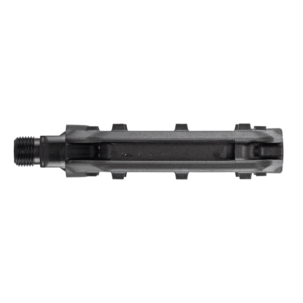 Das AZONIC SHOO-IN Pedal von AZONIC ist ein schwarzes, zylindrisches Metallteil mit einem Gewinde und mehreren Rippen, das horizontal vor einem transparenten Hintergrund dargestellt ist.