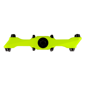 El pedal AZONIC AMERICANA de AZONIC se muestra de perfil sobre un fondo negro. El pedal tiene un cuerpo amarillo brillante, un punto de fijación redondo central negro y cuatro tornillos negros en los extremos.