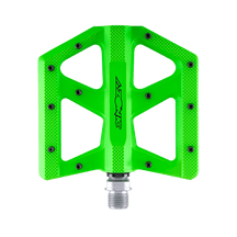 The AZONIC KAMIKAZE pedal is a bright green, flat bicycle pedal with a wide open design, metal grip pins and a silver spindle. "AZONIC" can be read in black lettering in the center of the pedal.