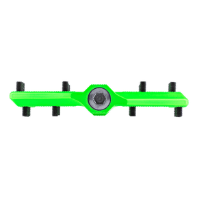 Il pedale AZONIC KAMIKAZE di AZONIC è un pedale meccanico verde brillante con un bullone esagonale centrale e sei viti nere uniformemente distanziate - tre per lato - che sporgono dalla superficie piatta.