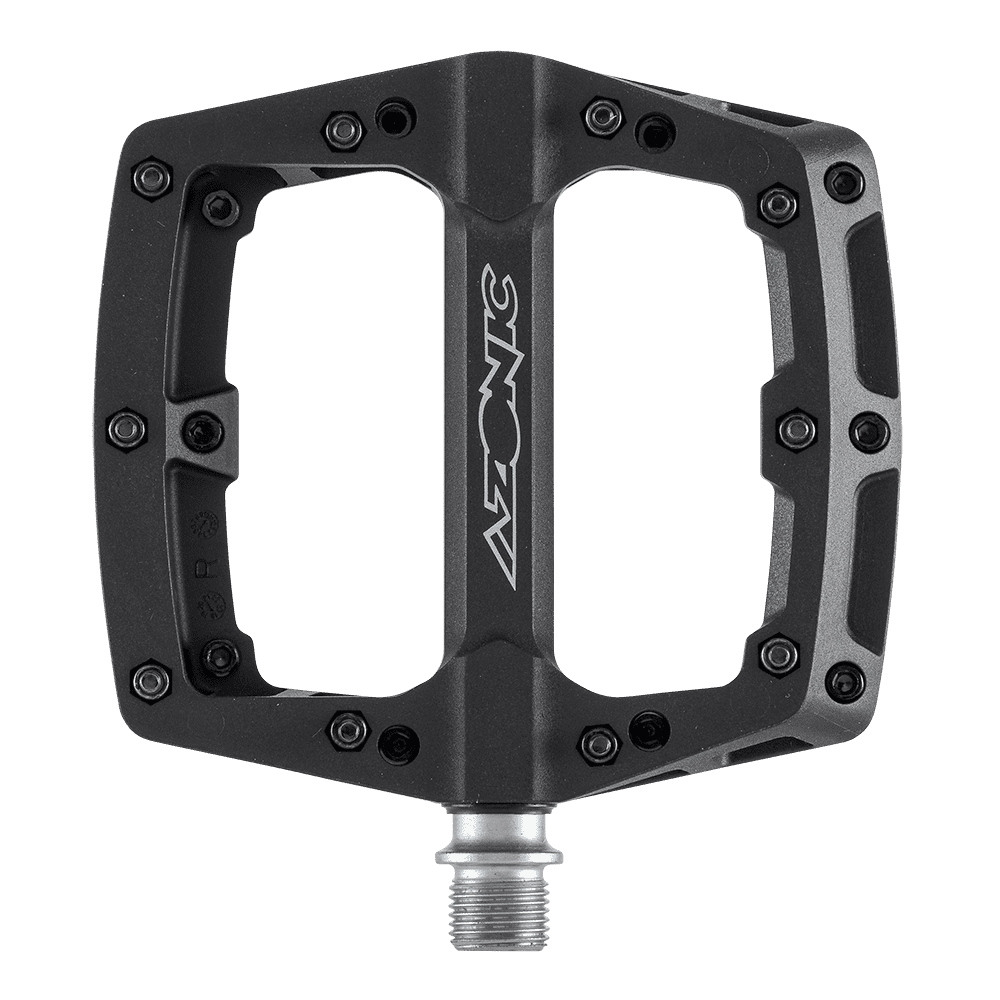 Das AZONIC BLAZE Pedal ist ein schwarzes, breites, flaches Plattform-Pedal mit mehreren Griffstiften und einer zentralen Metallspindel von AZONIC, dargestellt auf einem transparenten Hintergrund.
