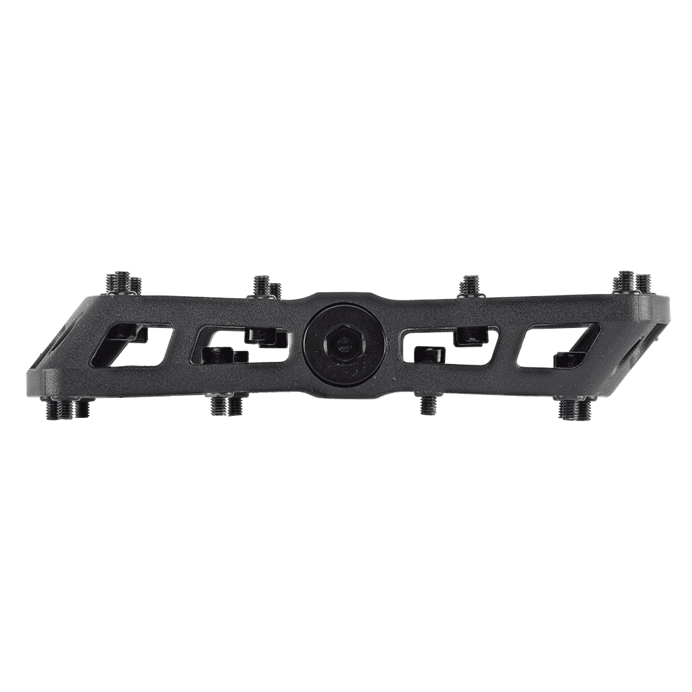 Das AZONIC BLAZE Pedal von AZONIC ist ein schwarzes Flat-Pedal, von der Seite gesehen, mit mehreren Traktionspins und Ausschnitten zur Gewichtsreduzierung.