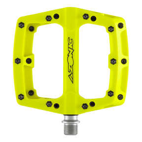 Un pedal AZONIC BLAZE amarillo brillante con clavijas negras y la palabra "AZONIC" en el centro, mostrado desde arriba sobre un fondo transparente.