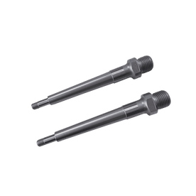Due pezzi AZONIC Spindle Kamikaze RL, corpi cilindrici metallici con estremità filettate, sono posizionati parallelamente l'uno all'altro su uno sfondo a tinta unita.