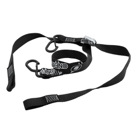 The O'NEAL DE LUXE Lashing Strap LOGO by O'NEAL is a black adjustable strap with metal hooks and a central buckle, perfect for securing motorcycle equipment with reliable soft hook tie downs.