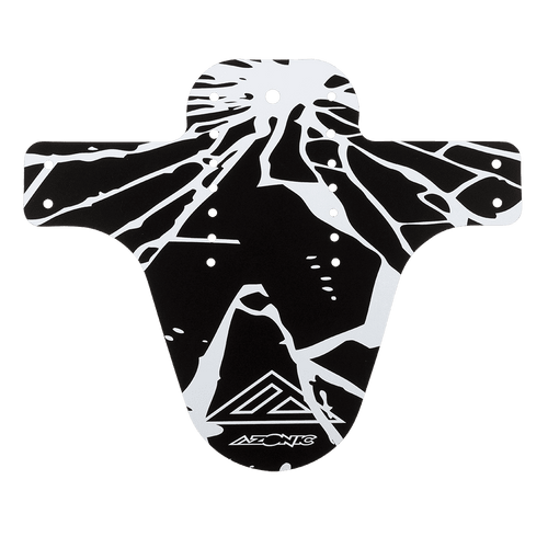 El guardabarros AZONIC SPLATTER ENIGMA es un guardabarros blanco y negro para bicicleta de montaña con un dibujo abstracto de grietas y el logotipo AZONIC en la parte inferior central.