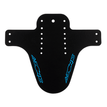The AZONIC SPLATTER mudguard LOGO is a black mountain bike mudguard with a wide upper section, a curved lower section, several mounting holes and blue AZONIC logos on both sides.