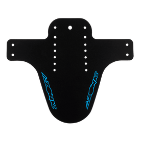 Le garde-boue AZONIC SPLATTER LOGO est un garde-boue VTT noir avec une partie supérieure large, une partie inférieure courbée, plusieurs trous de fixation et des logos AZONIC bleus sur les deux côtés.