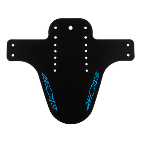 The AZONIC SPLATTER mudguard LOGO is a black mountain bike mudguard with a wide upper section, a curved lower section, several mounting holes and blue AZONIC logos on both sides.