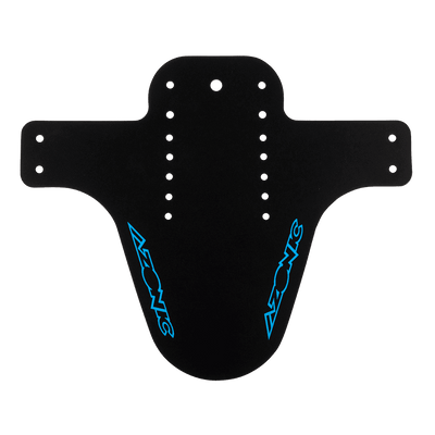 The AZONIC SPLATTER mudguard LOGO is a black mountain bike mudguard with a wide upper section, a curved lower section, several mounting holes and blue AZONIC logos on both sides.