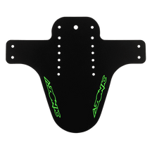 The AZONIC SPLATTER mudguard LOGO is a black plastic mudguard from AZONIC with several mounting holes and two neon green "AZONIC" logos on each side.